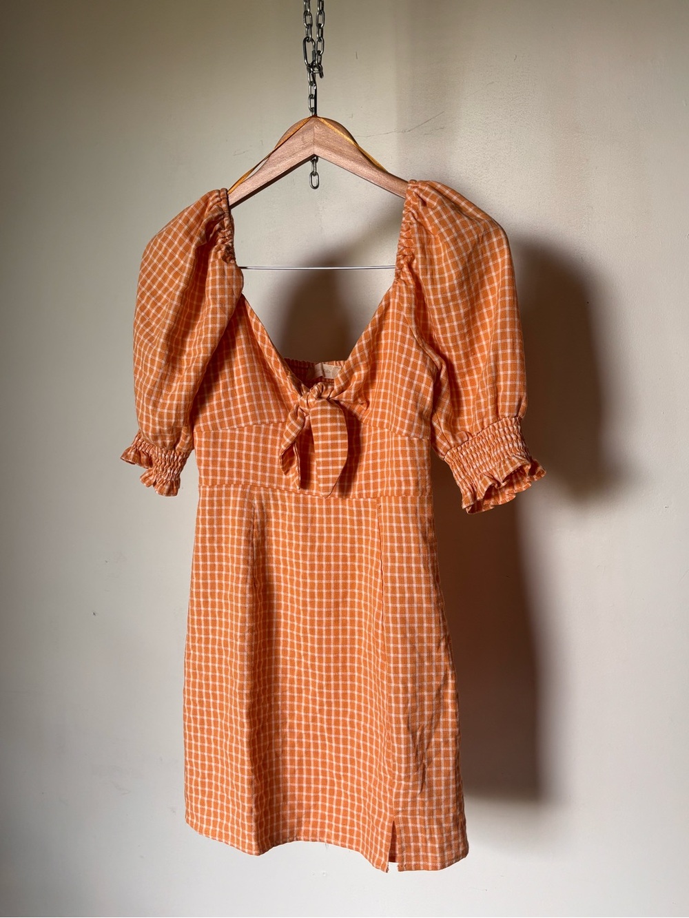 🦄 Sale! Altar'd State Apricot Gingham Puff-Sleeve Tie-Front Mini Dress